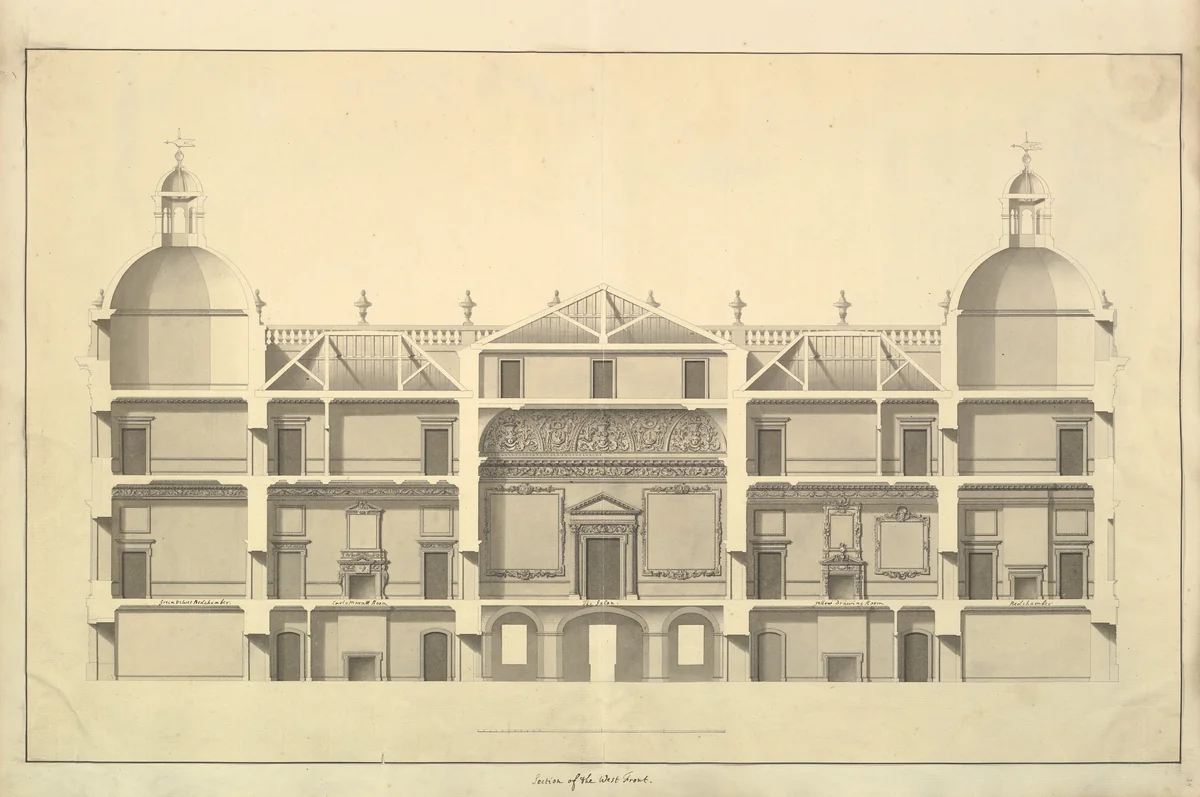 Section of the West Front, Houghton Hall, Norfolk by Isaac Ware, drawing, 1735