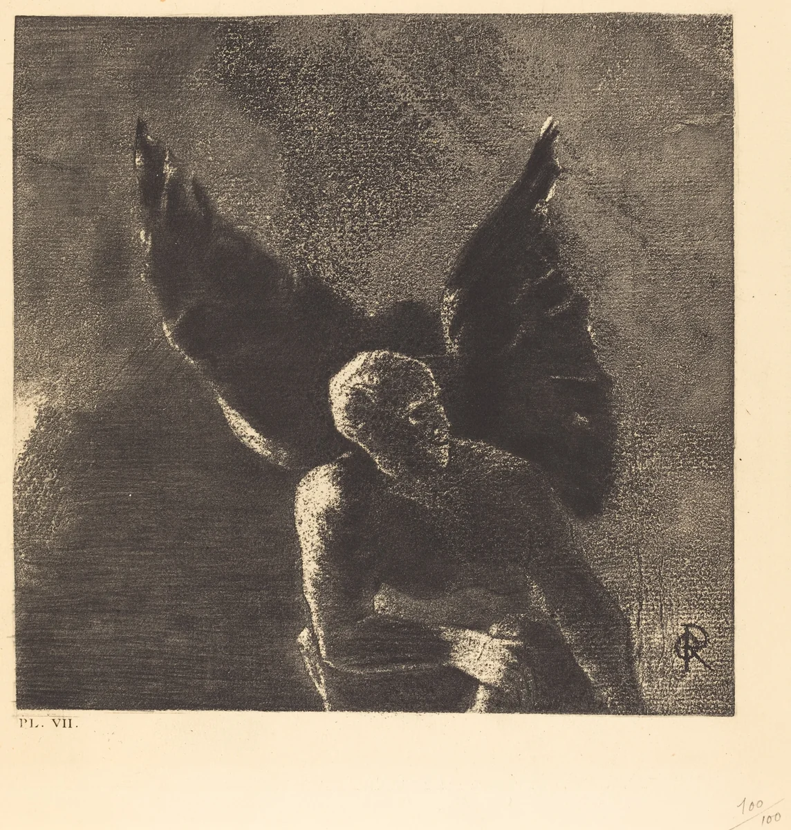 Gloire et louange a toi, satan, dans les hauteurs du ciel ou tu regnas, et dans les profondeurs de l'enfer, ou vaincu, tu reves en silence! (Glory and praise to you, Satan, in the heights of heaven, where you reigned, and in thedepths of hell, where, vanquished, you dream in s ilence!) by Odilon Redon, portfolio, 1890