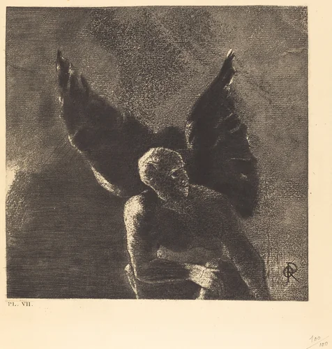 Gloire et louange a toi, satan, dans les hauteurs du ciel ou tu regnas, et dans les profondeurs de l'enfer, ou vaincu, tu reves en silence! (Glory and praise to you, Satan, in the heights of heaven, where you reigned, and in thedepths of hell, where, vanquished, you dream in s ilence!) by Odilon Redon, portfolio, 1890