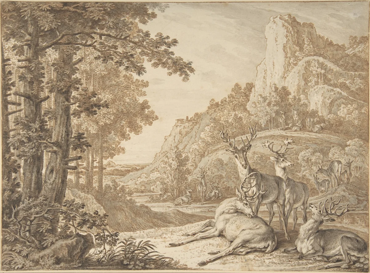 Stags in a Landscape by Johann Elias Ridinger, drawing, 1710-1767