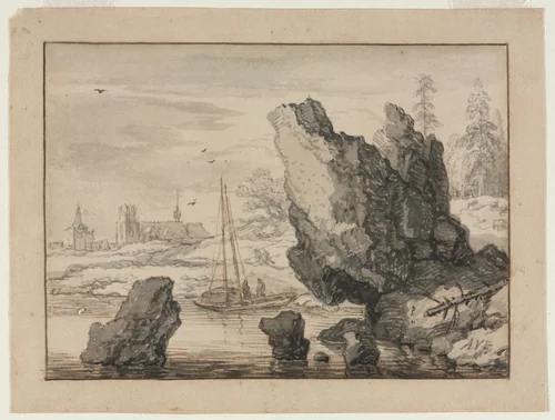 A Rocky Cove with Fishing Boats by Allart van Everdingen, drawing, 1655-1659