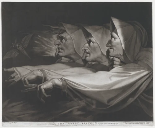 The Weird Sisters (Shakespeare, MacBeth, Act 1, Scene 3) by John Raphael Smith, print, 1785