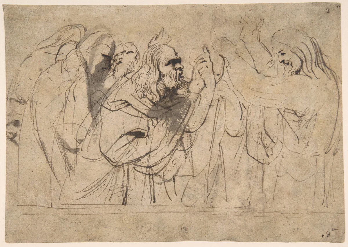 Christ and the Pharisees; verso; Christ and a Pharisee by Anthony van Dyck, drawing, 1610-1641