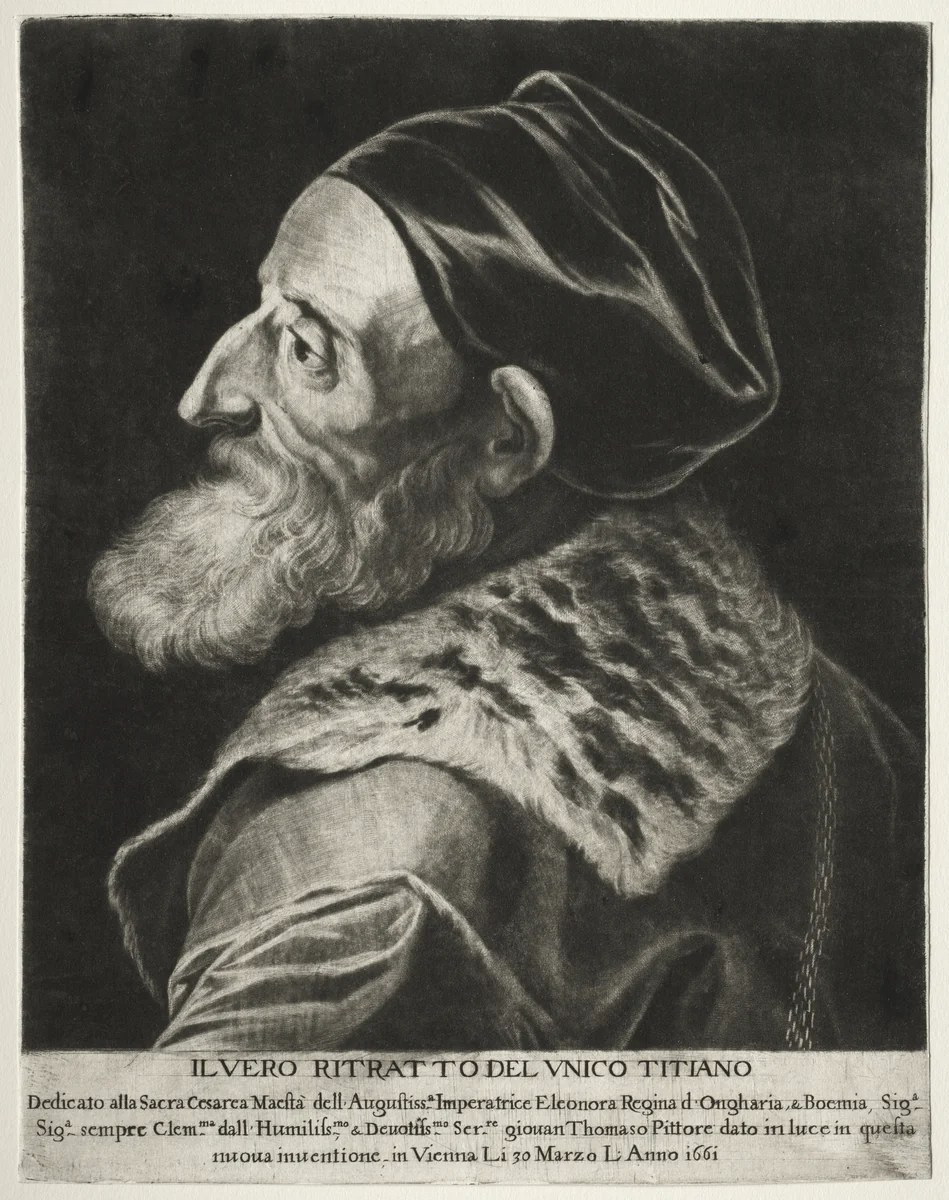 Portrait of Titian by Jan Thomas, print, 1661