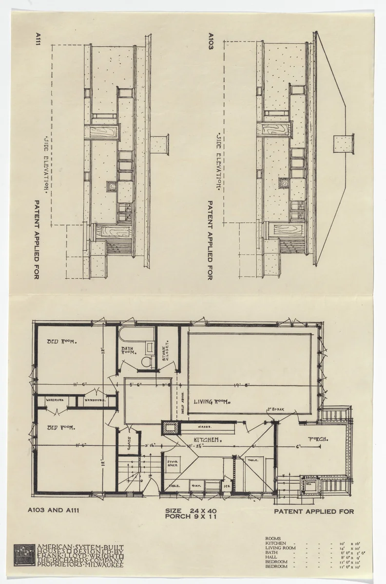 American System-Built Houses for The Richards Company project, Milwaukee, Wisconsin (Plan and elevations) by Frank Lloyd Wright, architecture, 1915