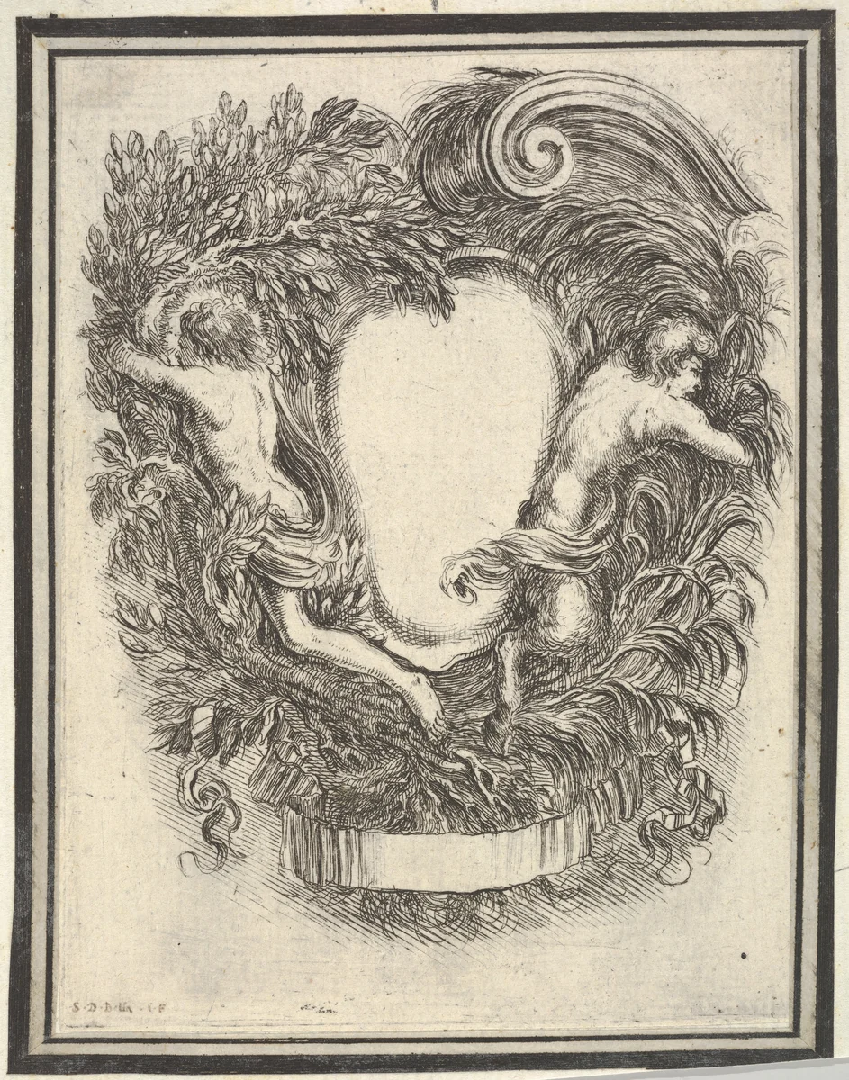 A cartouche flanked by Apollo and Pan, plate 5 from "Nouvelles inventions de Cartouches" by Stefano della Bella, print, 1647
