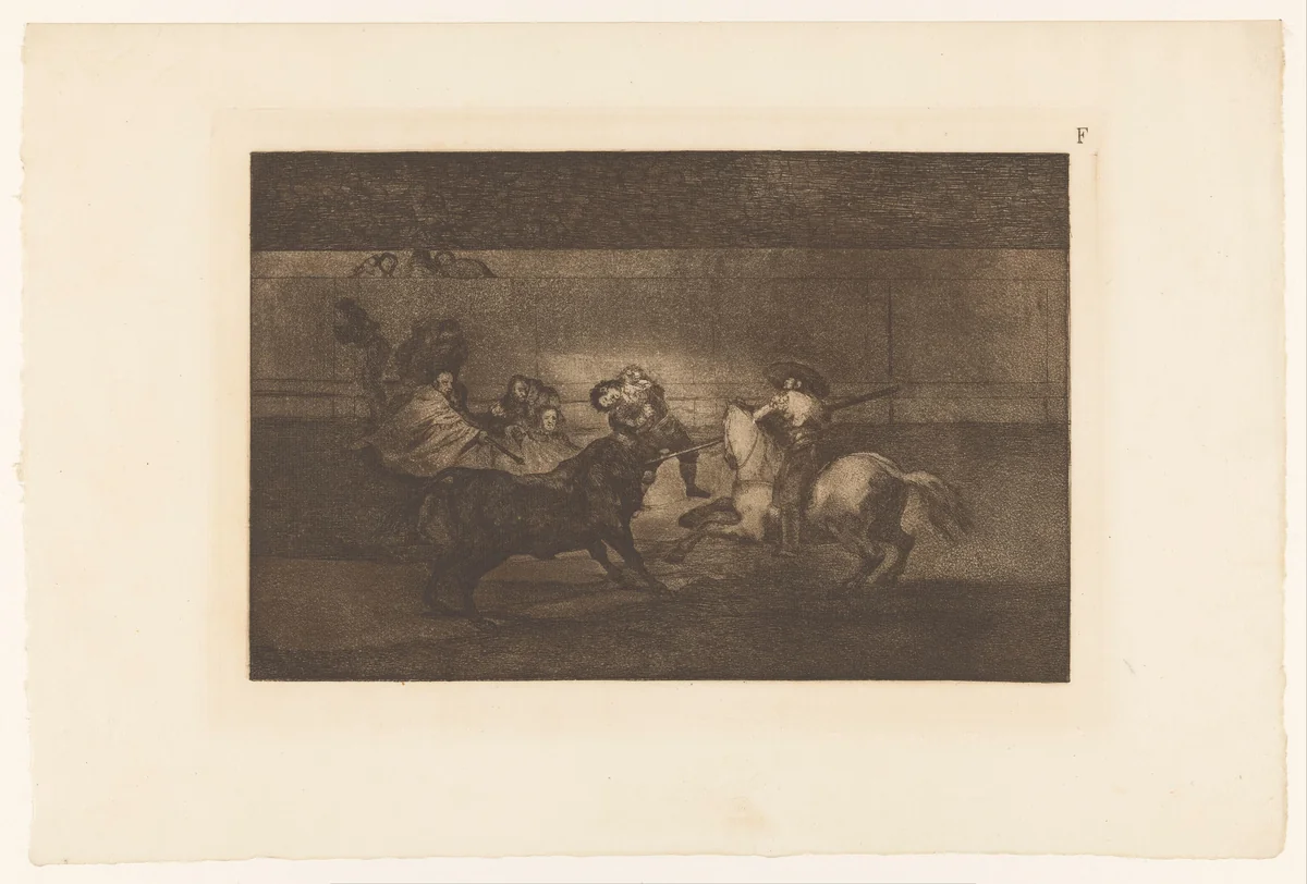 Man gespiest aan de hoorn van een stier by Francisco de Goya, print, 1876