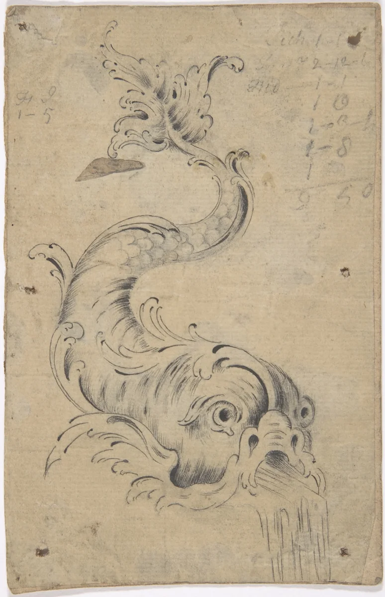 Dolphin Fountain Element by anonymous, drawing, 1700-1800