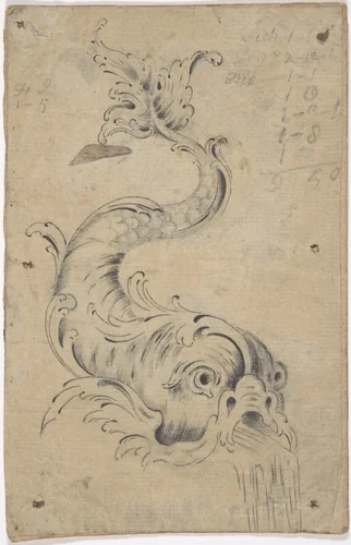 Dolphin Fountain Element by anonymous, drawing, 1700-1800