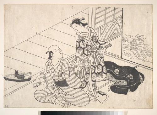 Lady Interrupting Her Lover, who is Playing the Shamisen by Nishikawa Sukenobu (西川祐信), print, 1671-1751