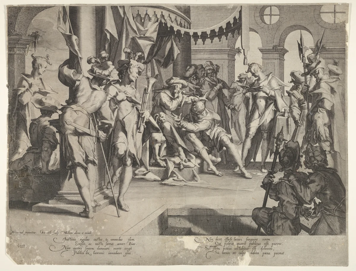 The Judge Bias Shedding Tears, plate IX from "Thronus Justitiæ" by Joachim Wtewael, print, 1605