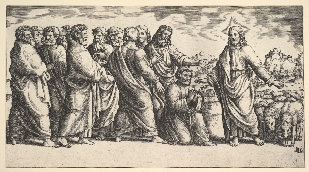 Christ standing at left indicating to a flock of sheep, before him kneels St. Peter holding the keys to the church, behind him to the left stand the Apostles by Master of the Die, print, 1530-1560