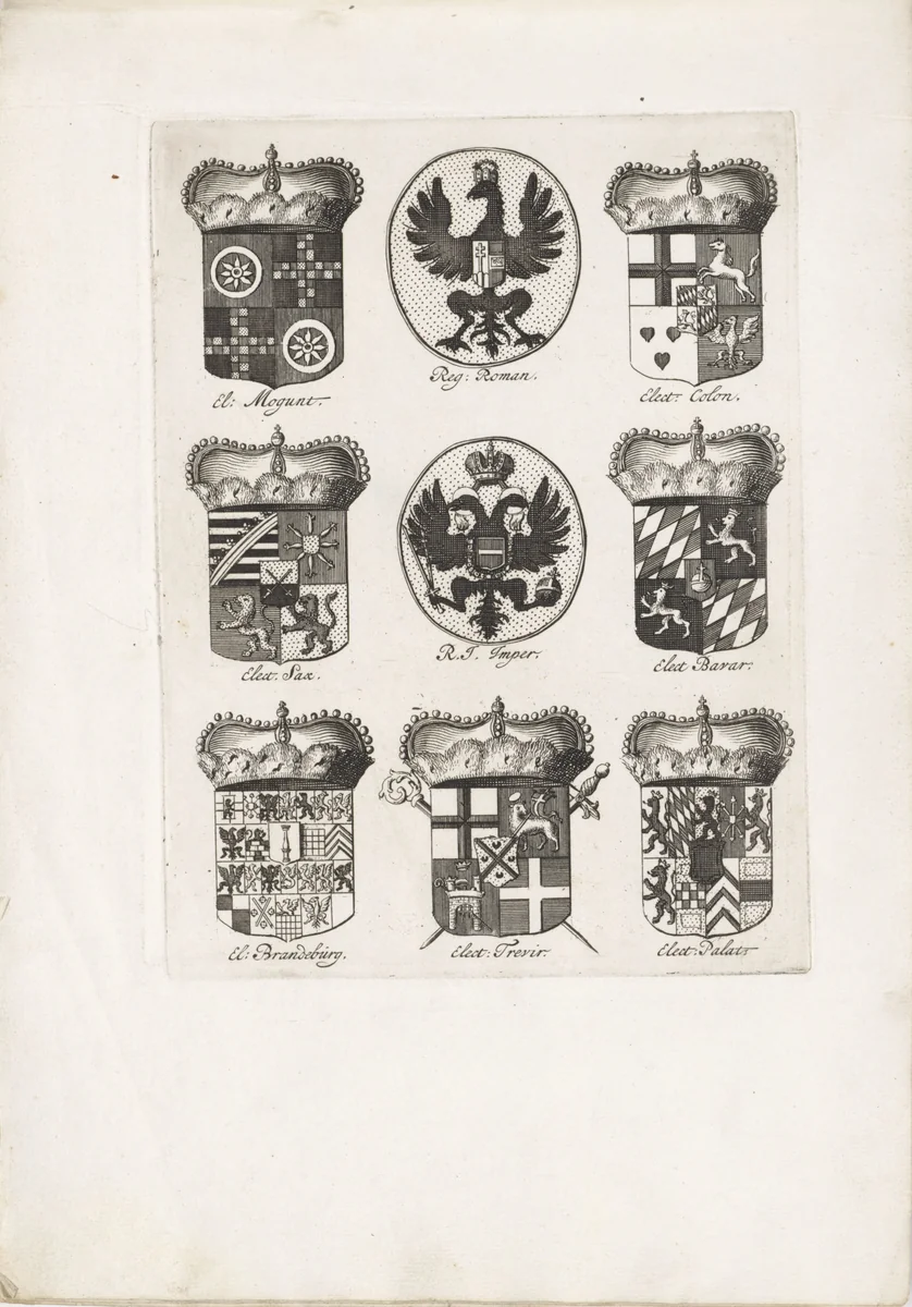 Blad met de familiewapens van negen geportretteerden by anonymous, print, 1690-1713