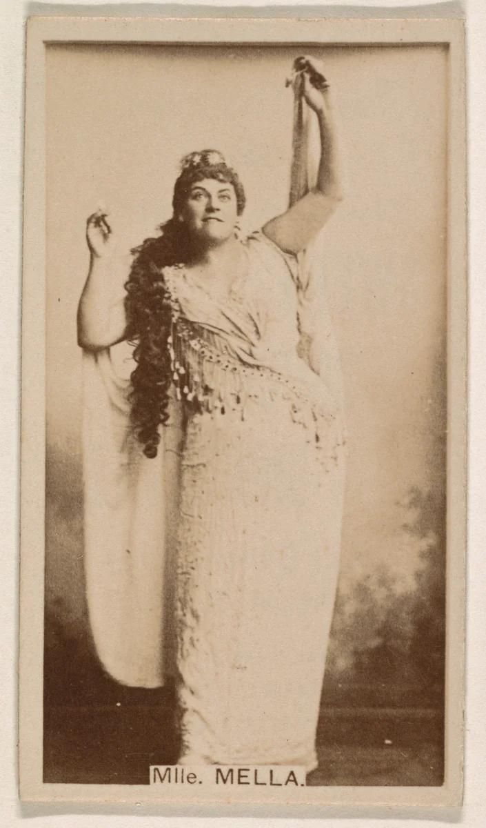 Mlle. Mella, from the Actresses series (N245) issued by Kinney Brothers to promote Sweet Caporal Cigarettes by Kinney Brothers Tobacco Company, photograph, 1890