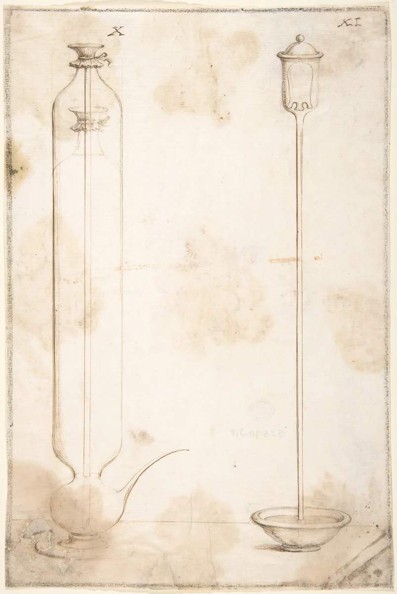 Two Glass Containers for Scientific Experiments with Liquids, Illustrations for "Saggi di naturali esperienze" by anonymous, drawing, 1666