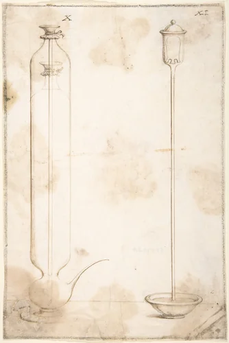 Two Glass Containers for Scientific Experiments with Liquids, Illustrations for "Saggi di naturali esperienze" by anonymous, drawing, 1666