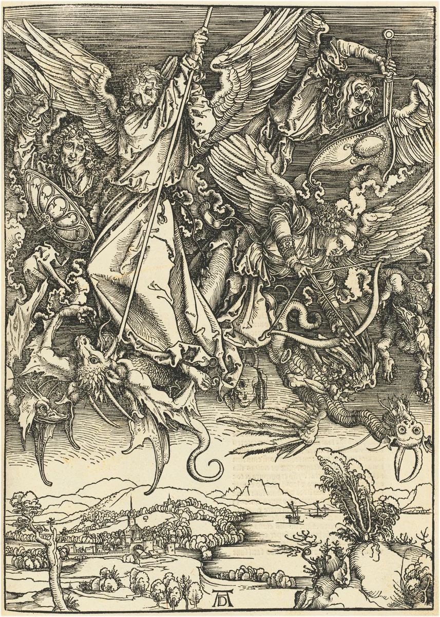 Saint Michael Fighting the Dragon by Albrecht Dürer, print, 1496-1498