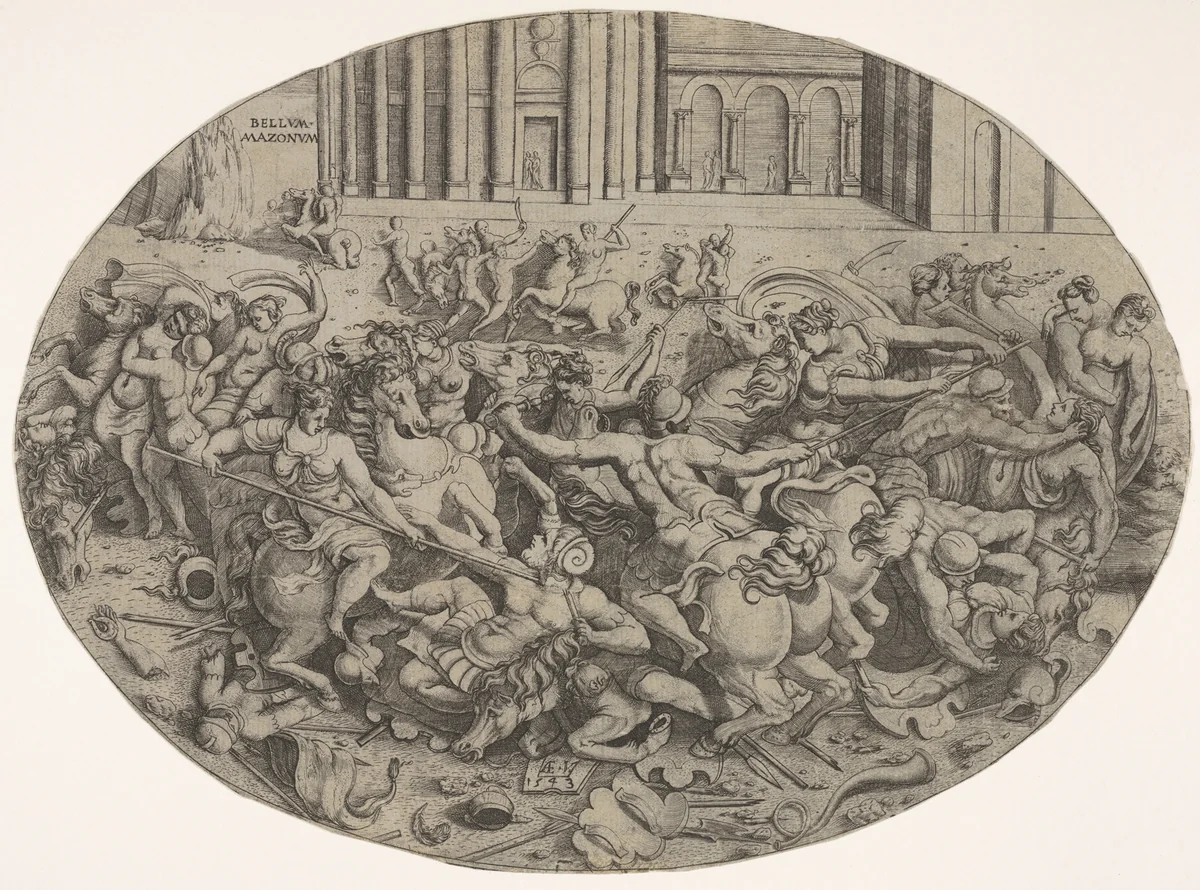 Combat between Amazons and men in front of architectural arcades, an oval composition with weapons, headgear, and bodies strewn along the bottom margin by Enea Vico, print, 1543