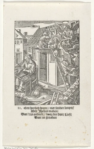 Christuskind legt een dak by Christoffel van Sichem, print, 1617