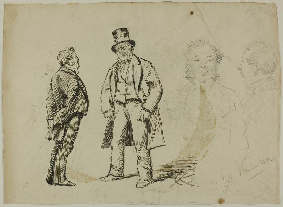 Sketch of Two Standing Men and Two Portaits by Charles Samuel Keene, drawing, 1870-1891