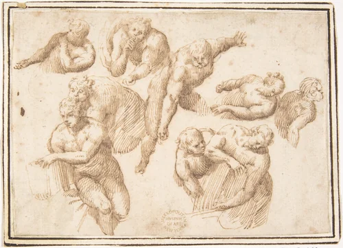 Group of Figures Copied from Michelangelo's Last Judgment by Francesco Allegrini, drawing, 1624-1663