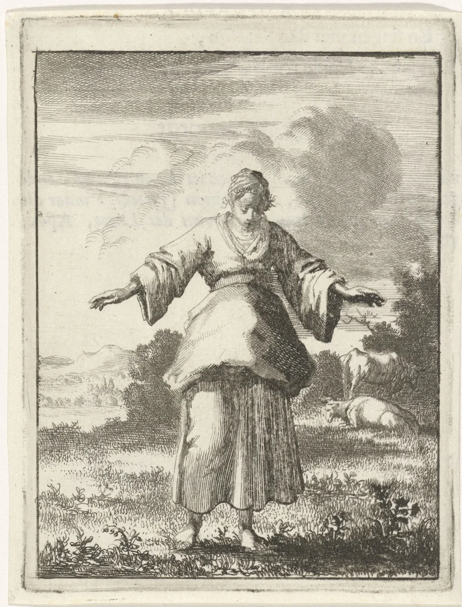 Vrouw bekijkt verwonderd het gras onder haar voeten by Jan Luyken, print, 1687