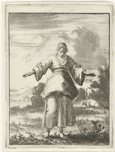 Vrouw bekijkt verwonderd het gras onder haar voeten by Jan Luyken, print, 1687