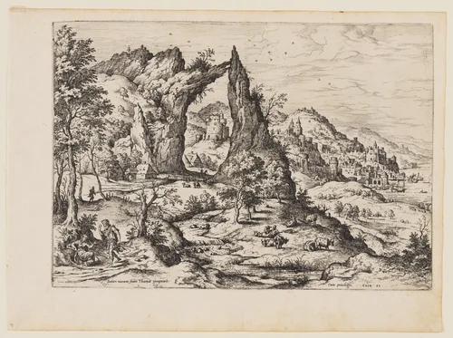 Juda and Tamar, from Landscapes with Biblical and Mythological Scenes by Hieronymus Cock, print, 1558