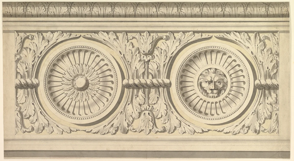 Design for a Frieze, Ornamented with Lion's Head Paterae by John Yenn, drawing, 1770-1821