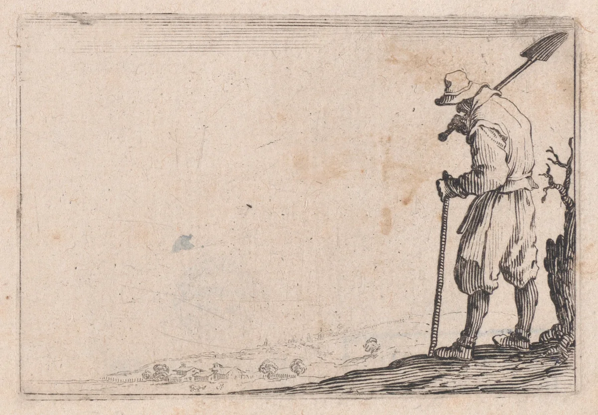 Le Paysan Portant sa Pelle sur L'Épaule (The Peasant Carrying his Shovel Over his Shoulder), from "Les Caprices" Series B, The Nancy Set by Jacques Callot, print, 1617-1620