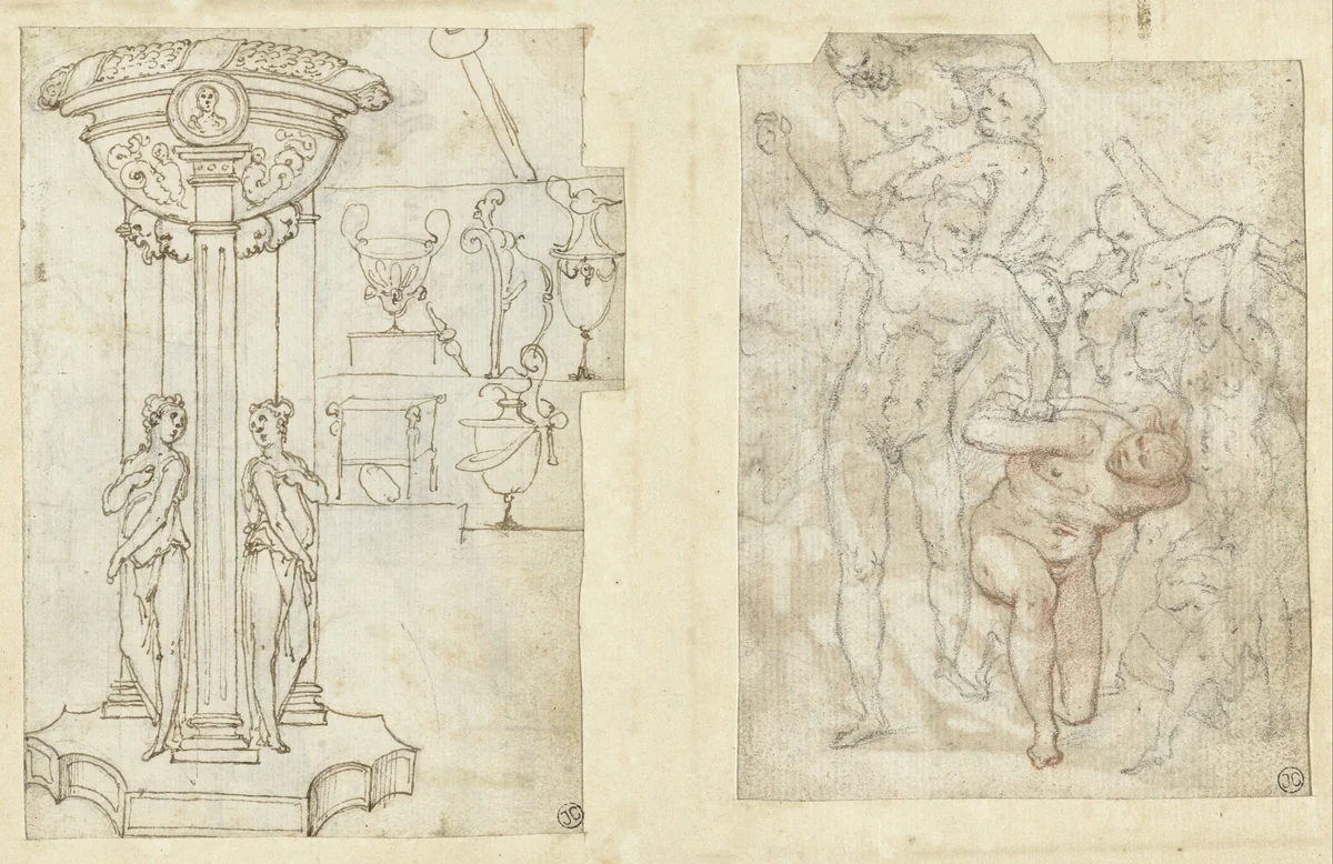 Decoratieve objecten en een schets van een groep verdoemden by Federico Zuccaro, drawing, 1550-1609
