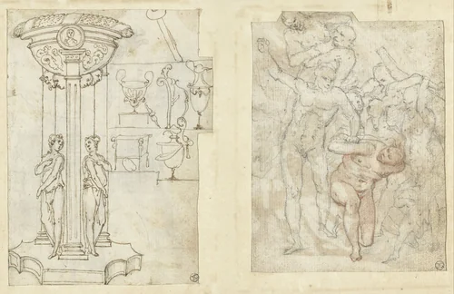 Decoratieve objecten en een schets van een groep verdoemden by Federico Zuccaro, drawing, 1550-1609