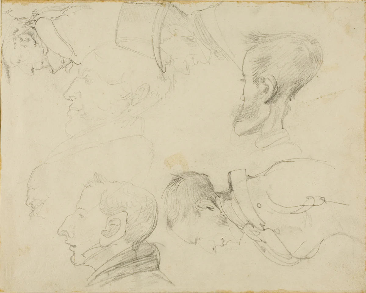 Seven Caricatures of Heads by Jean Louis André Théodore Géricault or Horace Vernet, drawing, 1818-1819