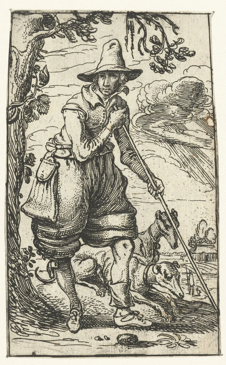 Jager met twee honden by Esaias van de Velde, print, 1610-1614
