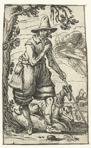 Jager met twee honden by Esaias van de Velde, print, 1610-1614