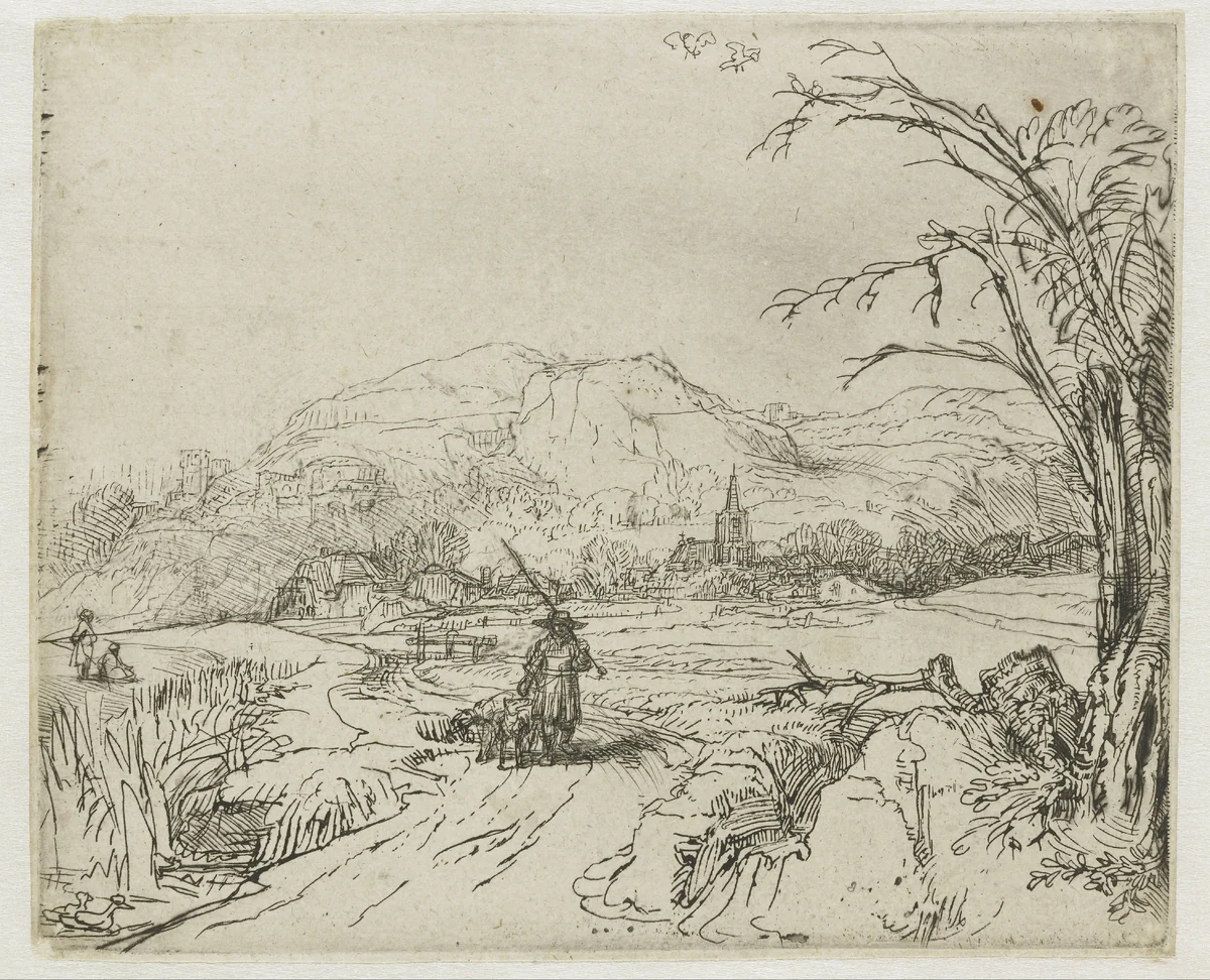 Landscape with sportsman and dogs by Rembrandt van Rijn, print, 1648