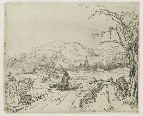 Landscape with sportsman and dogs by Rembrandt van Rijn, print, 1648