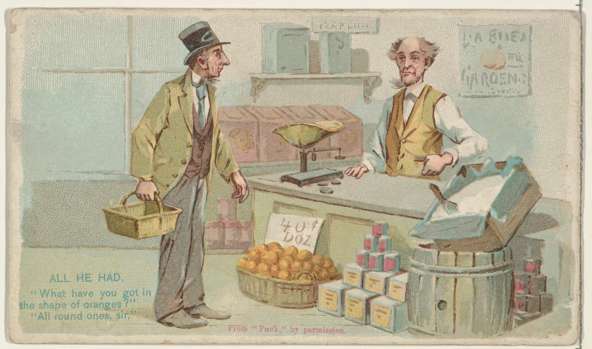 All He Had, from the Snapshots from "Puck" series (N128) issued by Duke Sons & Co. to promote Honest Long Cut Tobacco by W. Duke, Sons & Co., print, 1888