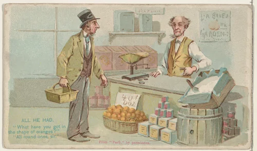 All He Had, from the Snapshots from "Puck" series (N128) issued by Duke Sons & Co. to promote Honest Long Cut Tobacco by W. Duke, Sons & Co., print, 1888