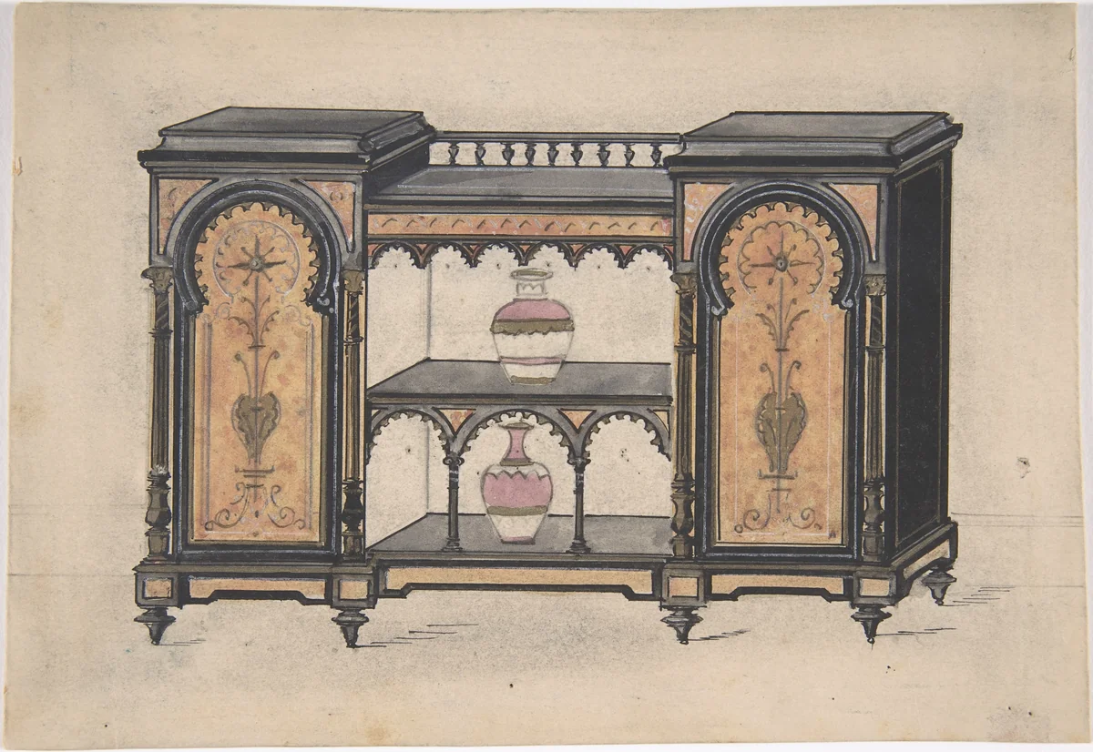 Design for a Cabinet with Two Central Shelves and Arched Doors by anonymous, drawing, 1800-1900
