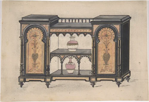 Design for a Cabinet with Two Central Shelves and Arched Doors by anonymous, drawing, 1800-1900