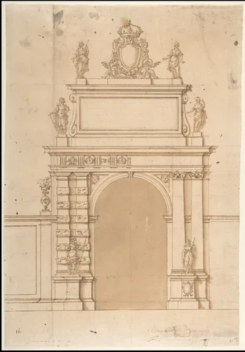 Design for the Triumphal Arch at the Porta Ticinese in Milan, with the Imperial Arms of the Hapsburg and Allegorical Figures by Francesco Maria Richini, drawing, 1633