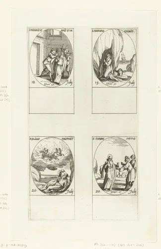 Heilige Fredericus I van Utrecht, Heilige Arsenius de Grote, Heilige Elia, Heilige Jozef Barsabas (18-20 juli) by Jacques Callot, print, 1632-1636