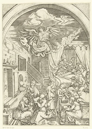 Birth of the Virgin by Marcantonio Raimondi, print, 1510-1515
