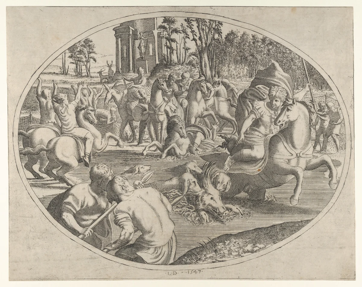 Young Man Hunting a Wild Boar, from "Three Prints on Hunting and Fishing" by Léon Davent, print, 1547