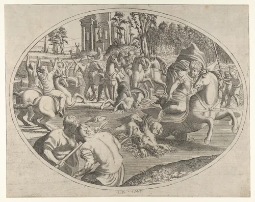 Young Man Hunting a Wild Boar, from "Three Prints on Hunting and Fishing" by Léon Davent, print, 1547