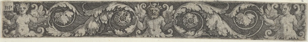 Frieze with a Horned Male Figure at Center with Two Tendrils Held at Either End by Winged Female Figures by Sebald Beham, print, 1500-1550