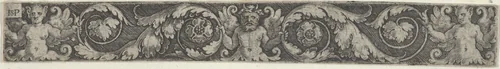 Frieze with a Horned Male Figure at Center with Two Tendrils Held at Either End by Winged Female Figures by Sebald Beham, print, 1500-1550