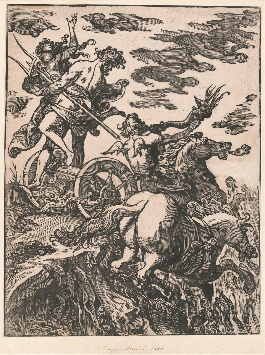 Rape of Persephone with Pluto on horseback at right by Giuseppe Scolari, print, 1590-1607