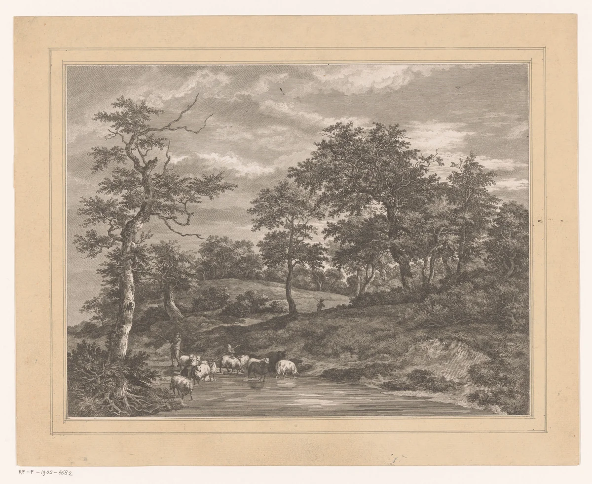 Boslandschap met herder bij een vijver by Louis Joseph Masquelier, print, 1774